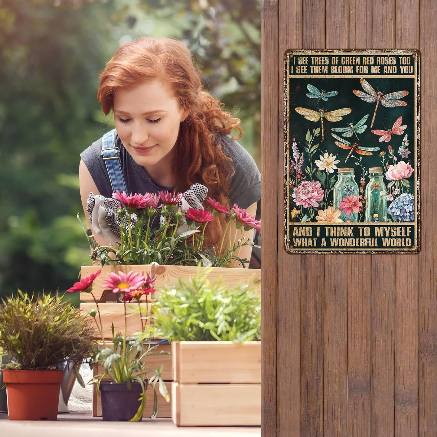 What A Wonderful World Wall Art Metal Sign Dragonfly Metal Wall Art Vintage Retro Tin Sign for Garden Yard Patio Farmhouse Bar Man Cave Home Decoration 12 * 8inch