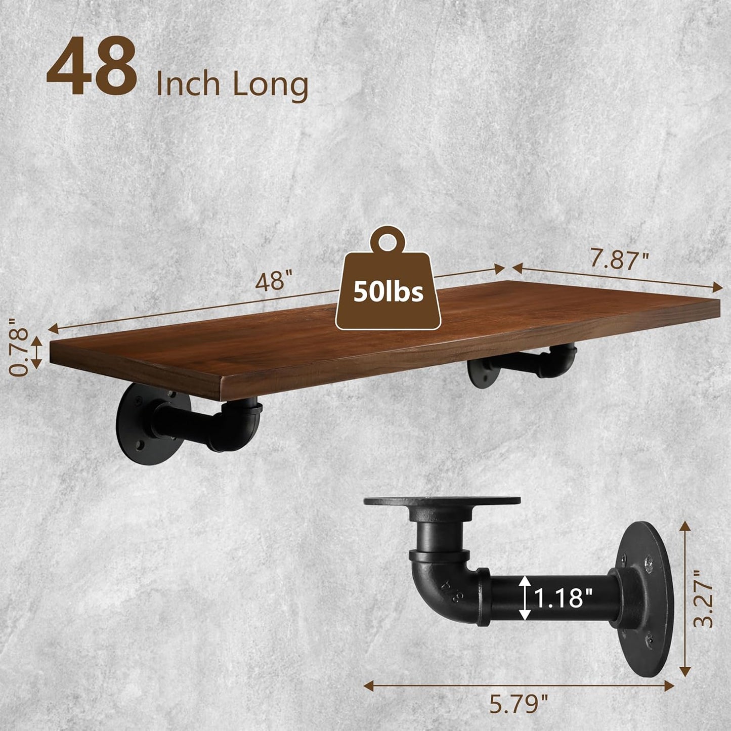 IEO Industrial Pipe Shelving Shelf,Pipe Wall Shelves Wood Shelf:Kitchen Shelves, 48 Inches Wood Long Floating Shelves for Wall Farmhouse Pipe Book Shelves Walnut for Decor and Bar Shelving