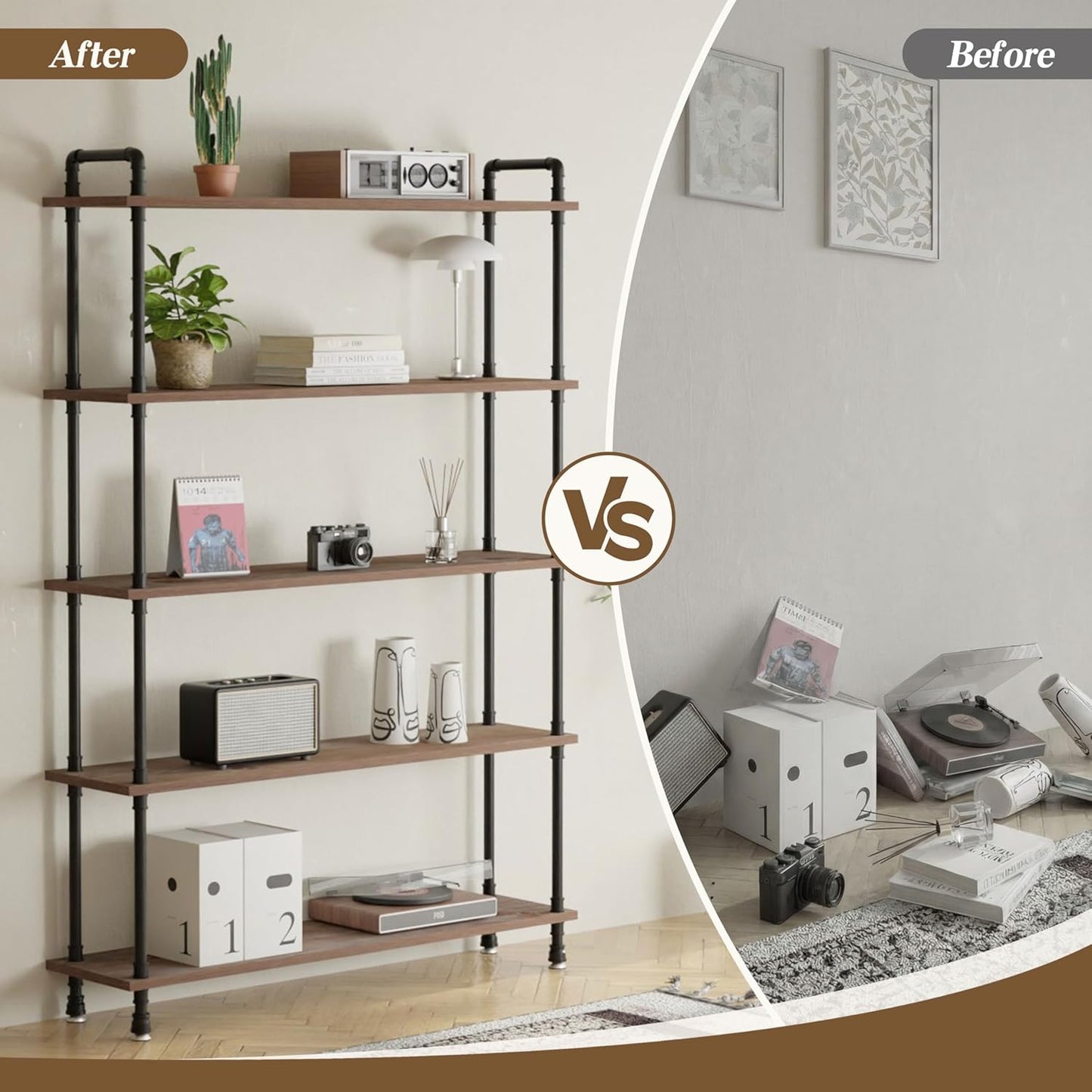 Industrial Bookshelf, 5-Tier Pipe Shelf, Wall Mounted Bookcase for Home and Office (Weathered Brown, 48" L x 11.8" W x 70" H)