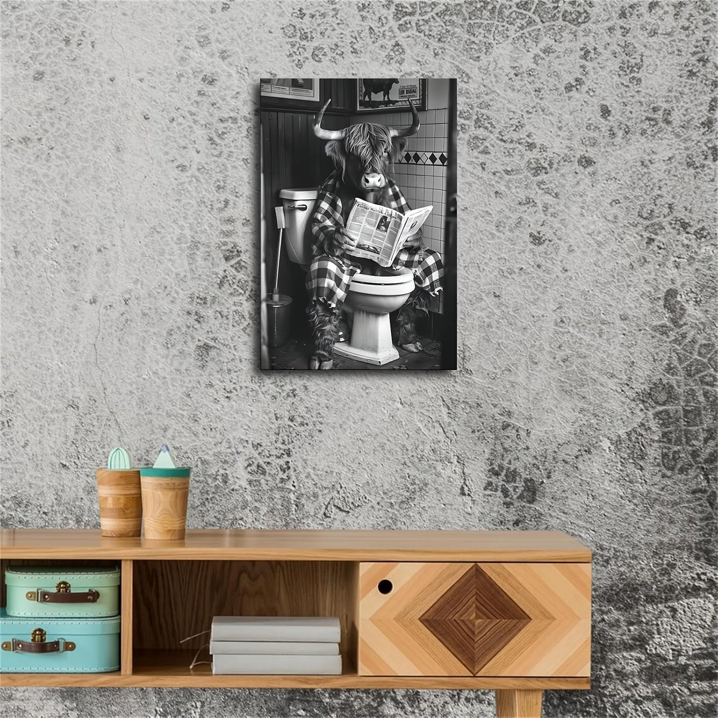 Cow Reading Newspaper in Toilet is Funny Canvas Wall Prints poster Modern Home Aesthetic Decor Wall art for Bedroom Dorm (16x24inch Unframe)