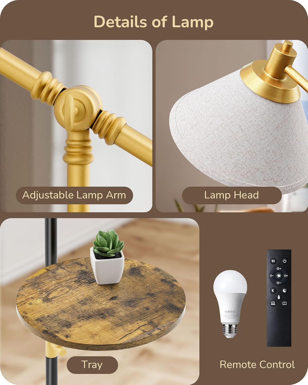 EDISHINE 68" Arc Floor Lamp with Table, Vintage Standing Lamp for Living Room with Tray, Height Adjustable, 5 Color Temperatures LED Bulb Included, Beige Shade, for Bedroom Office, Wood Grain