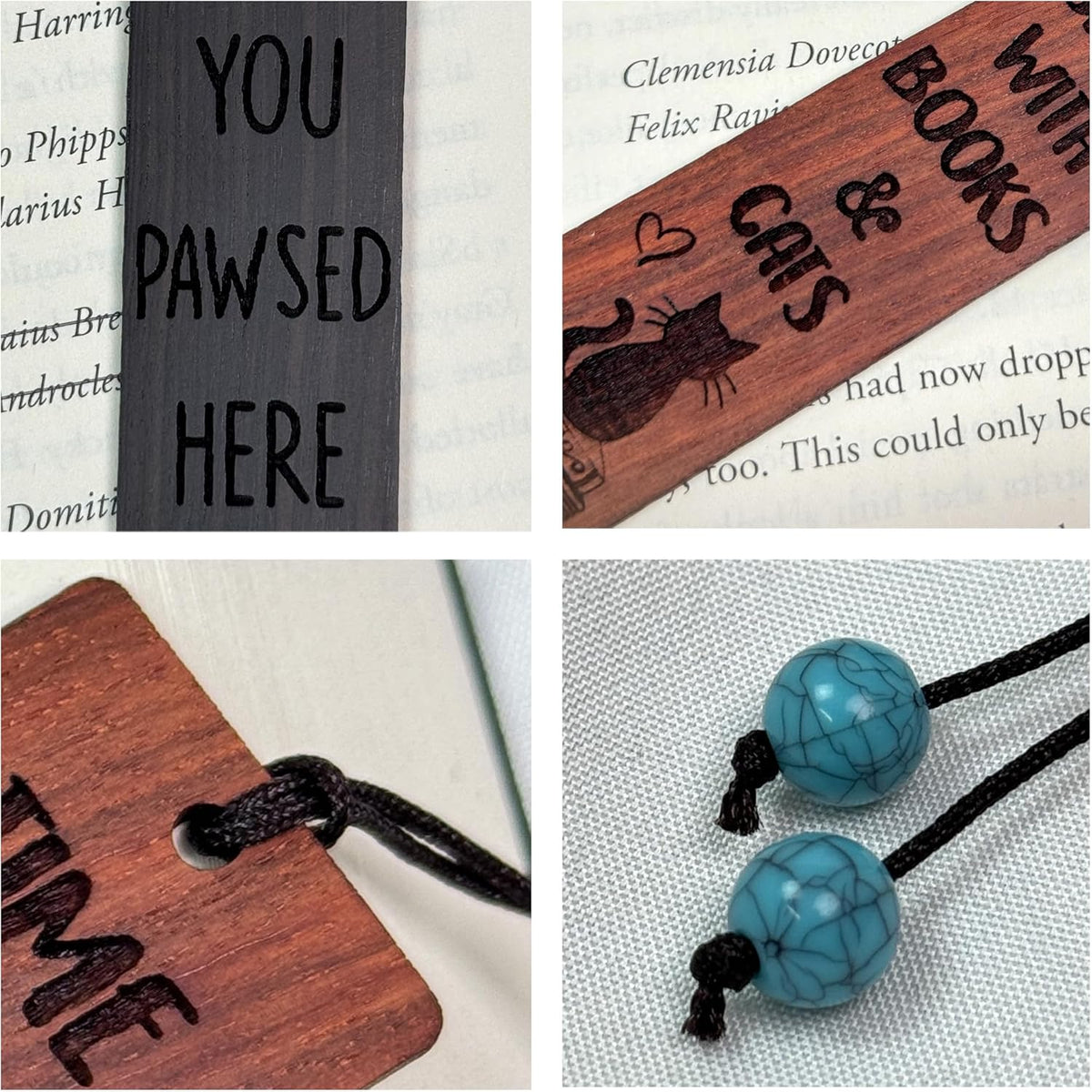 Cat Bookmark – Cute Cat Bookmarks for Women & Kids, Beaded & Wooden Bookmark Cat Book Marks, You Paused Here, Funny Gifts, Book Lover Stocking Stuffers, Books and Cats Gift - BOPAWS