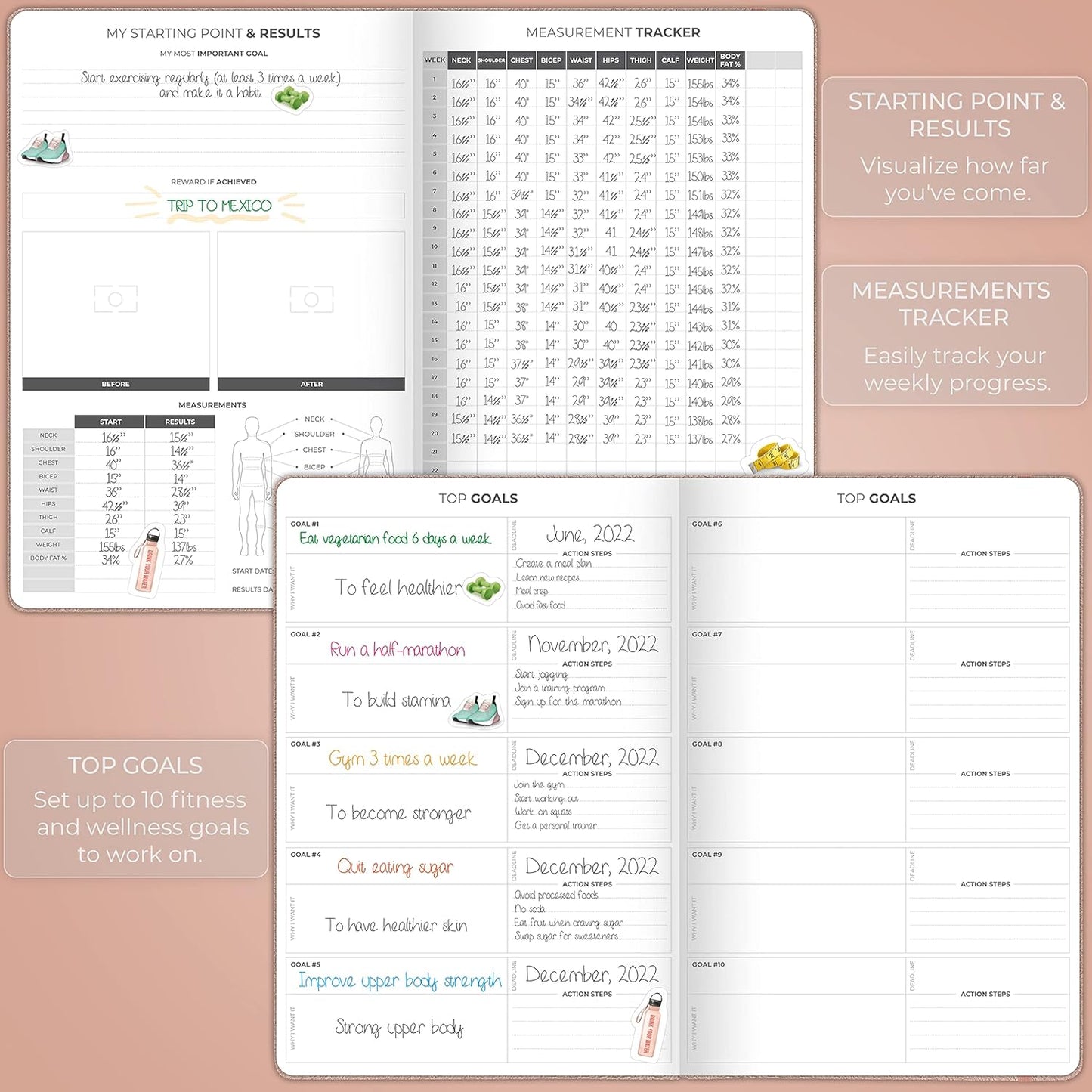 Clever Fox Fitness Journal PRO – Daily Workout Planner with Meal Planner & Habit Tracker – Gym Exercise Log Book for Women & Men – Fitness Planner Notebook – Lasts 6 Months, 7x10” - Rose Gold