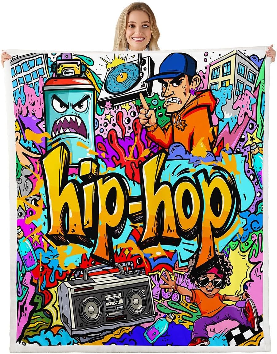 Hippie Graffiti Fleece Throw Blanket Hip Hop Radio Rock Sherpa Blanket Kids Boys Colorful Graffiti Pattern Plush Blanket Watercolor Art Fuzzy Blanket for Sofa Bed Couch Throw 50x60 Inch