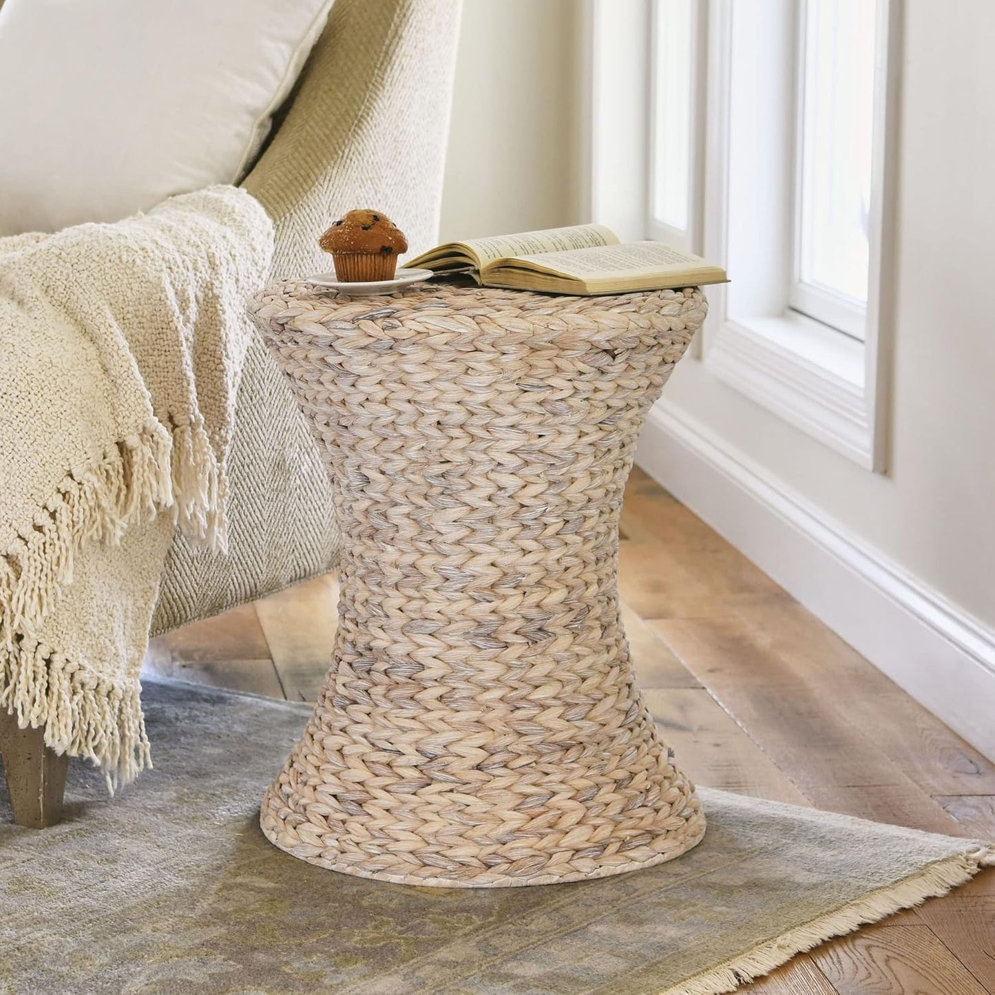 Household Essentials Handwoven Water Hyacinth Wicker Stool with Hourglass Shape, White Wash Finish