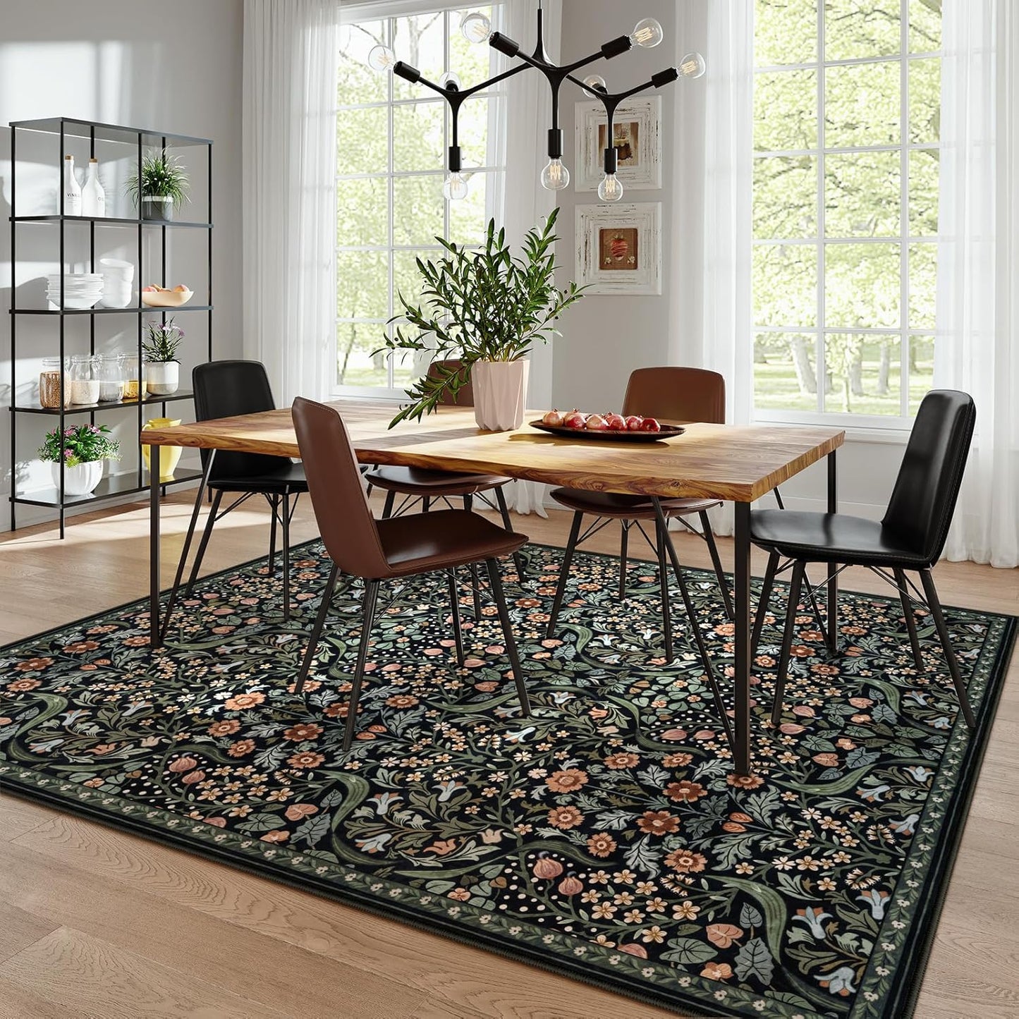 Moynesa Floral Washable Rugs, 8x10 Area Rug for Living Room, Soft Large Boho Bedroom Rug, Botanical Non Slip Ultra Thin Floor Carpet for Dining Room Nursery Office, Black