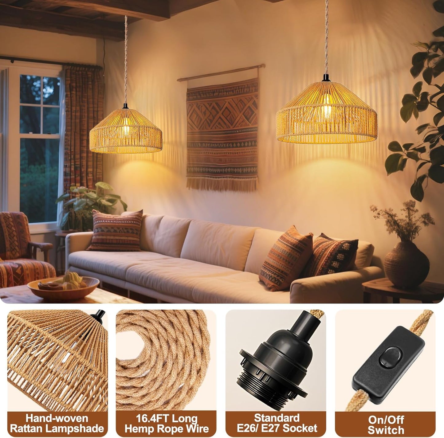 Hanging Lamps Rattan Pendant Light Hanging Lights 16.4ft Plug in Cord Pendant Light Fixture Plug Into Wall Outlet Pendant Lighting with On Off Switch for Bedroom Living (Mongolian Yurt)