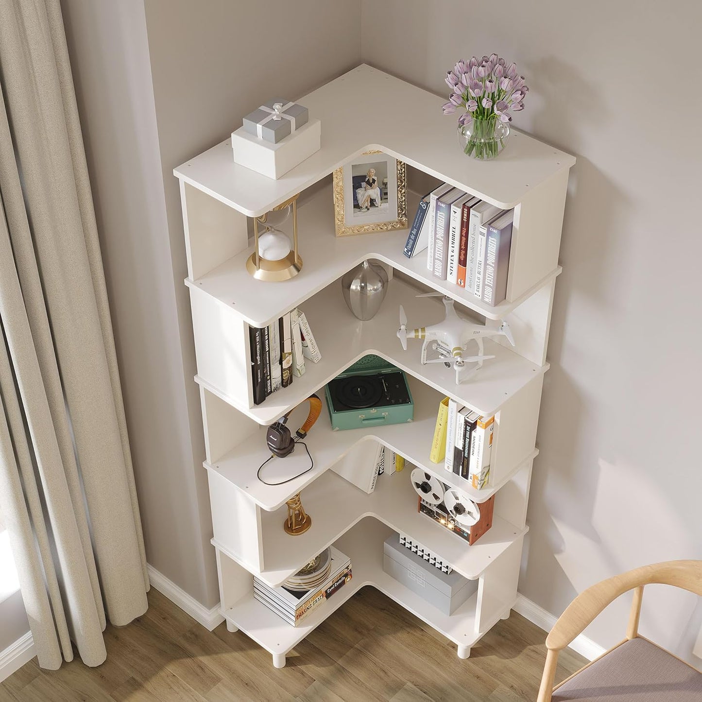 Corner Bookshelf, Multi-Layer Display Shelf, Corner Cube Toy for Small Space, Book Storage, Wooden Cube Corner Bookshelf for Game Room, Bedroom, Living Room, White
