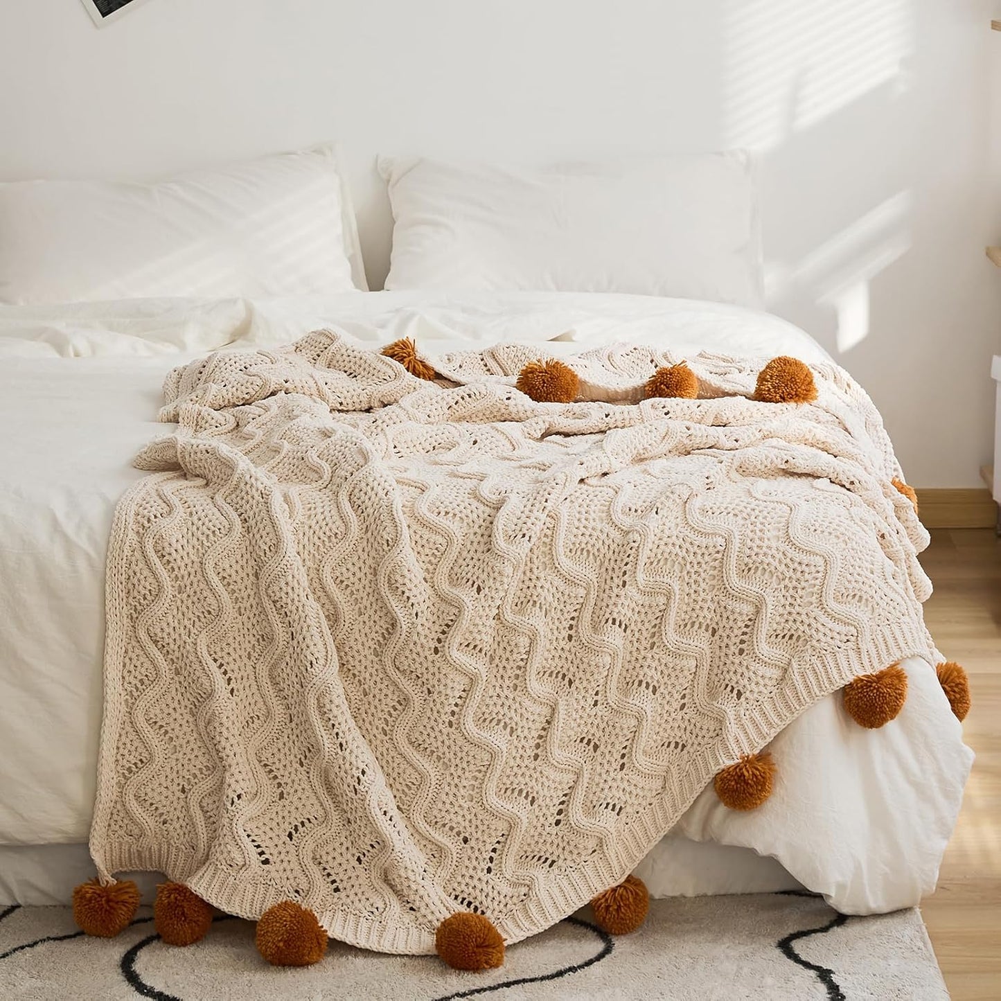 vctops Boho Chenille Knitted Throw Blanket for Couch Cute Pompom Soft Cozy Bed Blankets Decorative and Giftable Striped Blanket for Women, Men (Beige,51"x63")