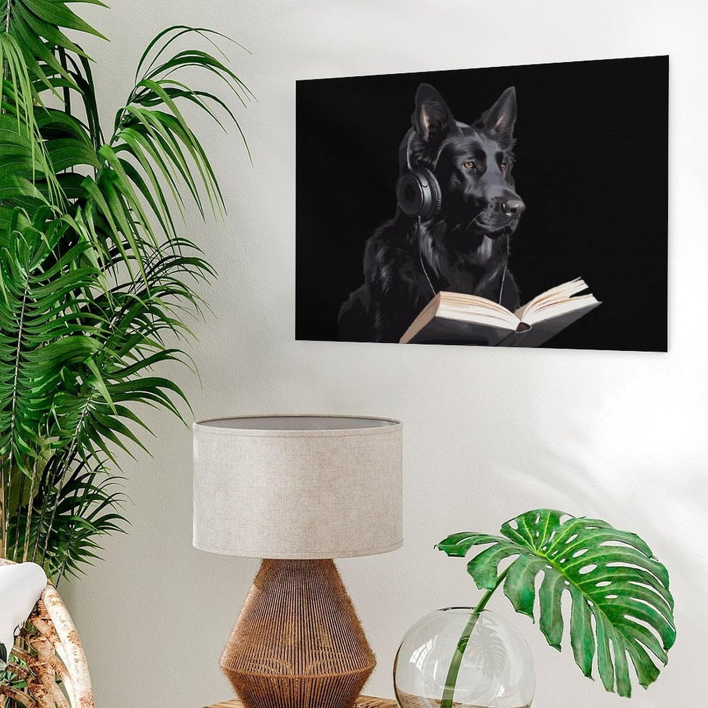 German Shepherd Wearing Headphones Reading Funny Canvas Wall Art Print Artwork Picture Painting for Home Office Decoration 12"x16"