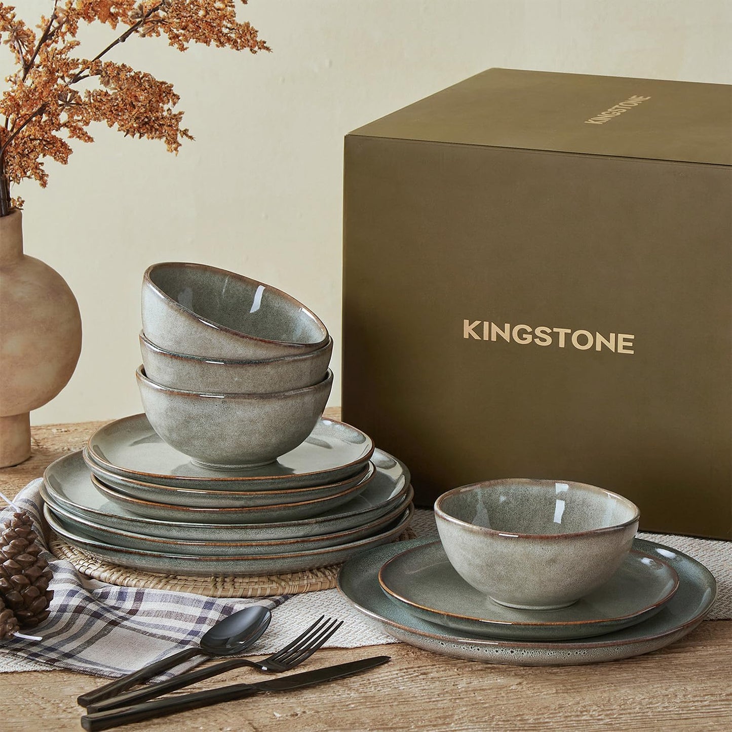 KINGSTONE Stoneware Dinnerware Sets, 24-Piece Reactive Glaze Porcelain Plates and Bowls Sets for 8, Handcrafted Rustic Ceramic Dishes Set, Highly Scratch Resistant, Dishwasher & Microwave Safe, Grey