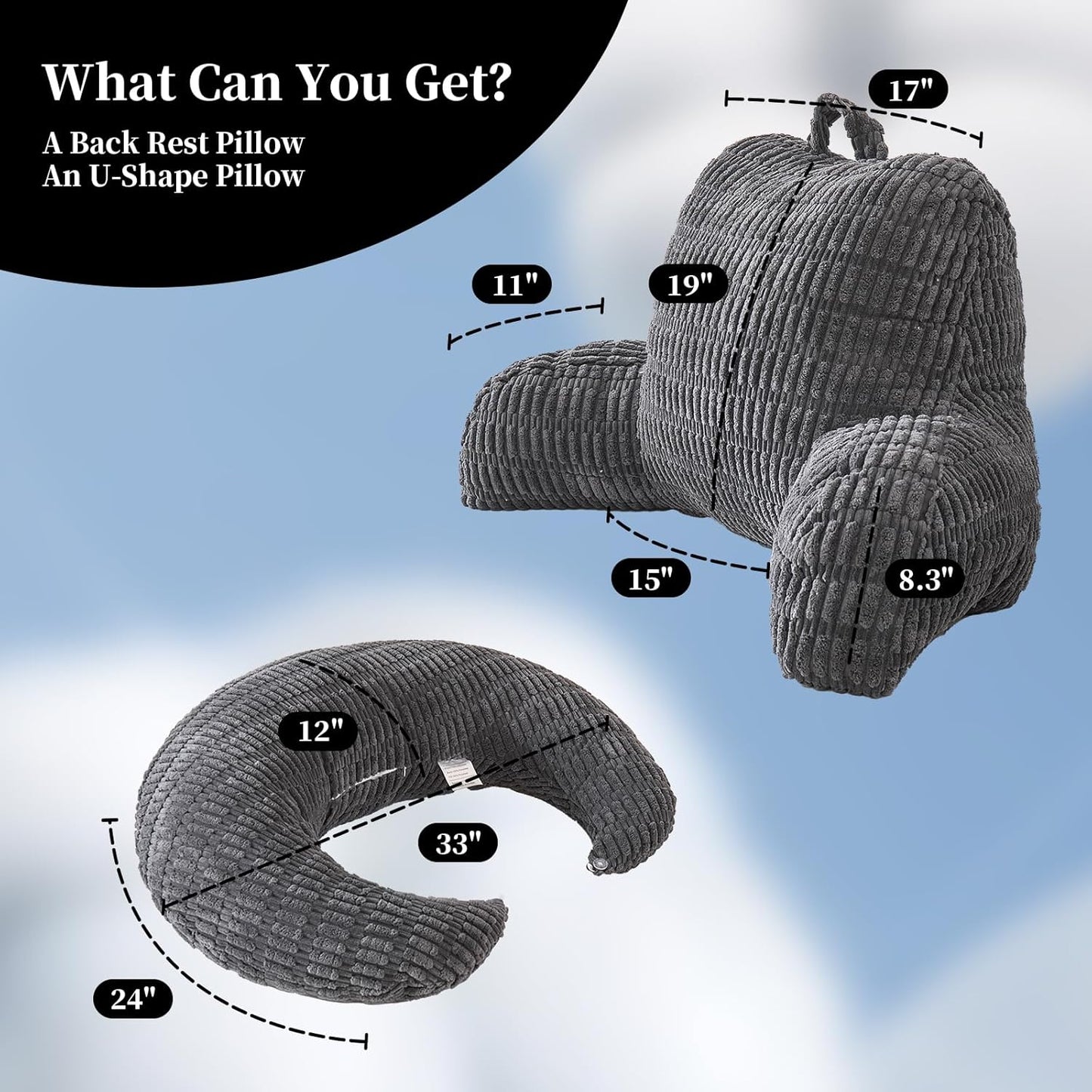 Back Pillow for Bed Sitting Up,U Shaped & Back Support Pillow for Bed,19" Backrest with Lumbar&Arm Support,Comfy Corduroy Fabric,Lap Pillow for Gaming/Reading/Watching TV,Grey