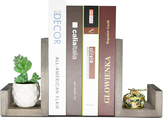 OwlGift Vintage Gray L-Shaped Solid Wood Bookends, Decorative Bookends w/Black-Tone Metal Supports, Non-Skid and Sturdy to Hold Heavy Books, 1-Pair