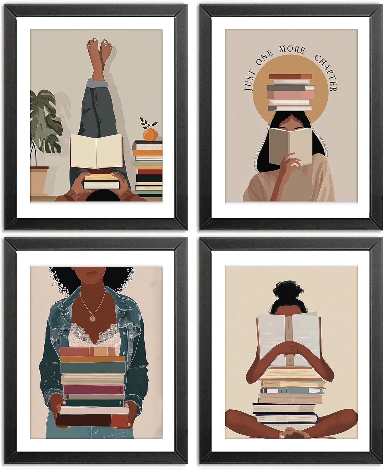 AEHIE Boho Black Women Reading Wall Art Poster Prints for Library Reading Room Classroom Decor, Just One More Chapter Book Club Decorations Prints Wall Art Unframed 4pcs 8x10inches, Book Lovers Gifts
