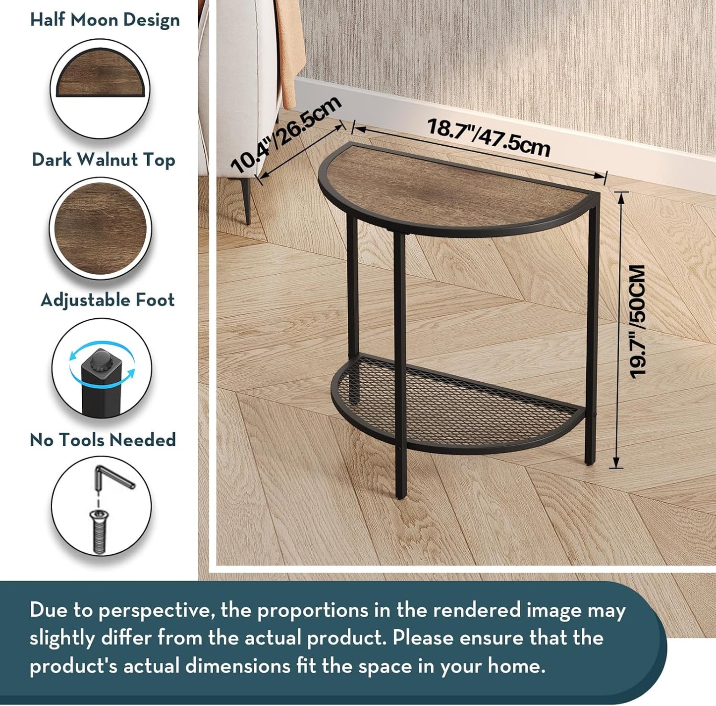 SAYGOER Small Side Table 19.7'' Half Moon Side Tables for Living Room 18.7"*10.4" Unique Modern Half Round Bed for Home Balcony 2 Tier Couch Tables with Storage Shelf, Adjustable Feet, Dark Walnut