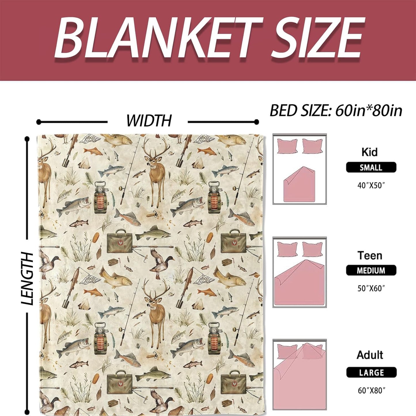 Outdoor Adventure Art Blanket 60×80 Inch,Fishing, Hunting Nature Lightweight Flannel Throw with Rustic Deer, Fish and Gear,Sportsmen Home Living Room Decor,Gifts for Adults,Nature Fans