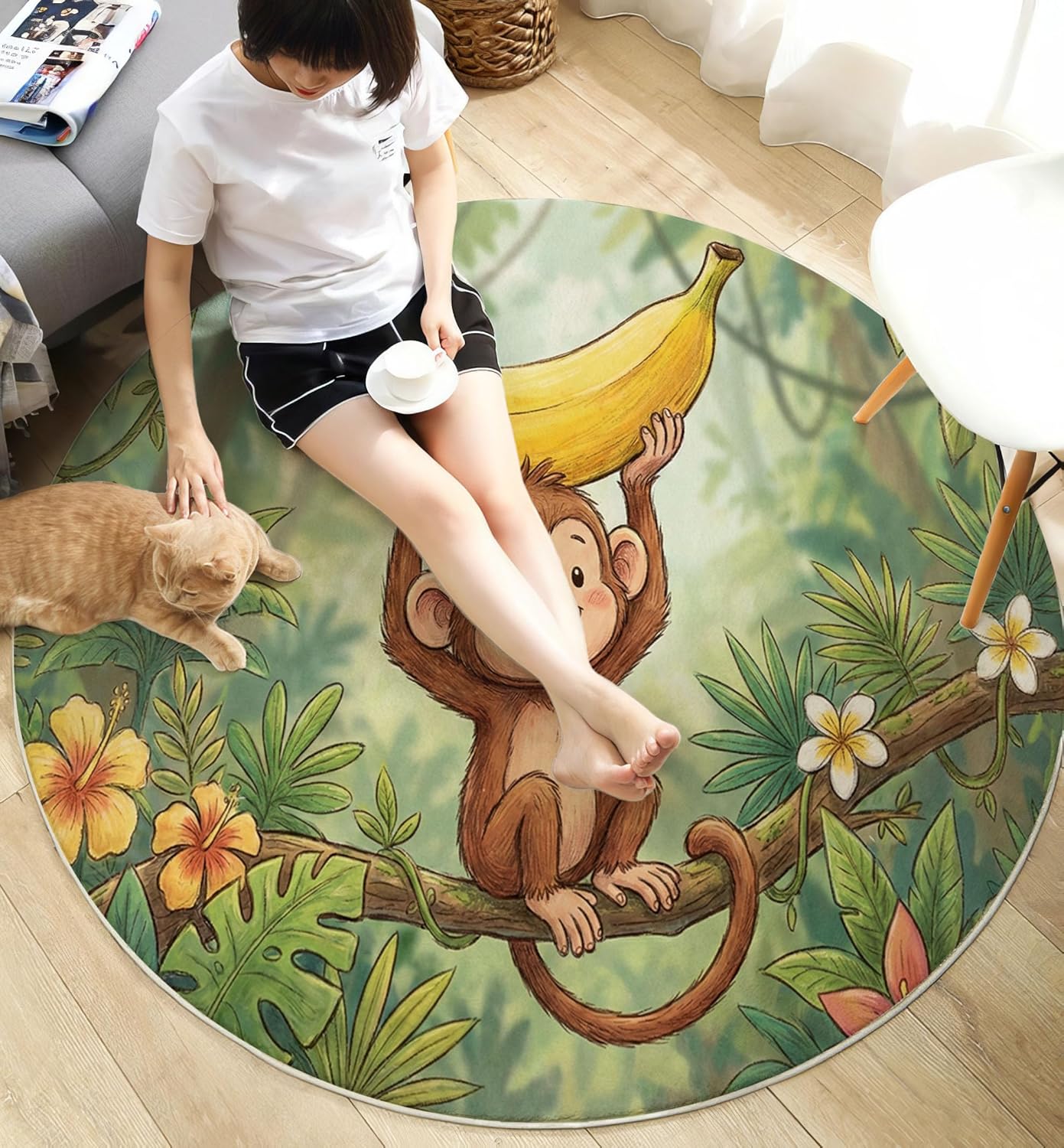 Round Rug for Kids Room, Cute Monkey Banana Round Rugs 3Ft, Tropical Plants Circle Rug, Forest Green Washable Circle Carpet for Living Room Bedroom, Non Slip Low Pile Thin Area Rugs