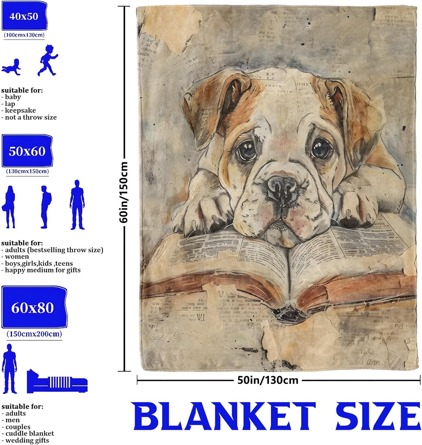 Bulldog Reading Book Throw Blanket for Boys Girls Kids and Pet Lovers, Cute Dog Design, Fuzzy Warm Soft Cozy Flannel Blankets Gifts for Bedroom, Couch, Travel, Dorm, Picnic, Home Decor 50x60 in