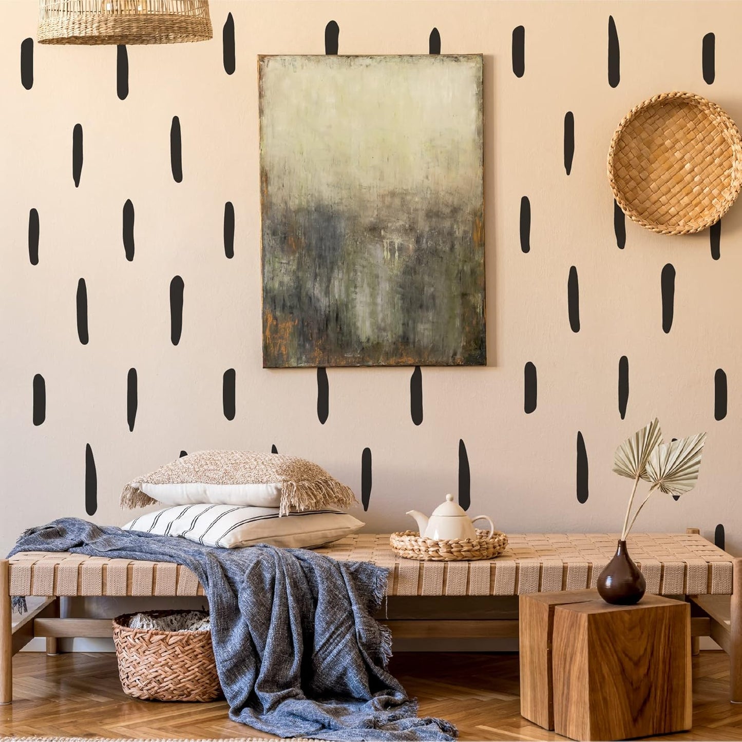 Black Thick Irregular Line Vinyl Abstract Wall Decals, Peel and Stick Modern Boho Stickers, 120 Upright Stripes for Kids Nursery Bedroom Living Room Farmhouse Decor