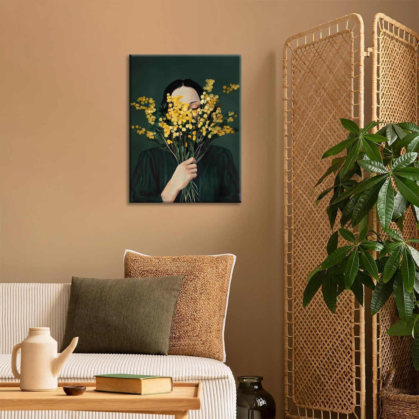 Green Abstract Woman Wall Art, Minimalist Figurative Oil Painting of Woman Holding Yellow Mimosa Flowers, Modern Boho Neutral Canvas Print for Living Room Bedroom Decor Framed 12x16in