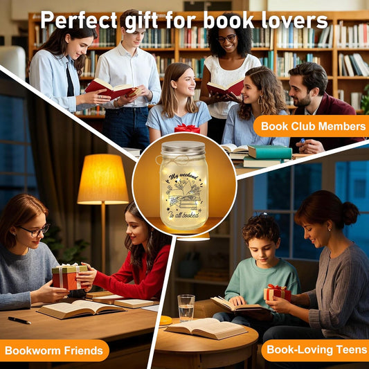 Book Lovers Gifts – Mason Jar Light Bookish Gift for Women, Readers, Bookworms, Librarians, Book Club, Book Themed Gifts, Cozy Reading Nook Decor
