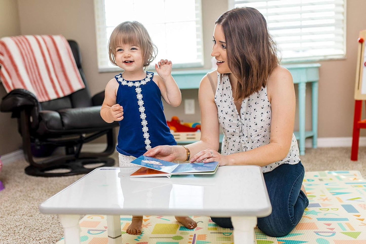Kids Folding Floor Table — Adjustable Heights, for Play / Reading / Snack Time, White/Blue