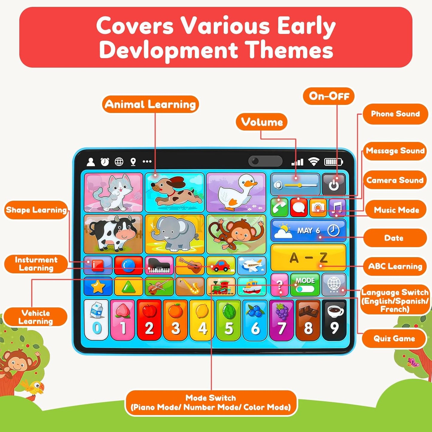 Trilingual Learning Toy Tablet with Music & Sound, Montessori Speech Musical Therapy Toys, Gifts for Boy, Girl, Baby, Toddler, for Age 1, 2, 3 Year Old (12-18 Months)