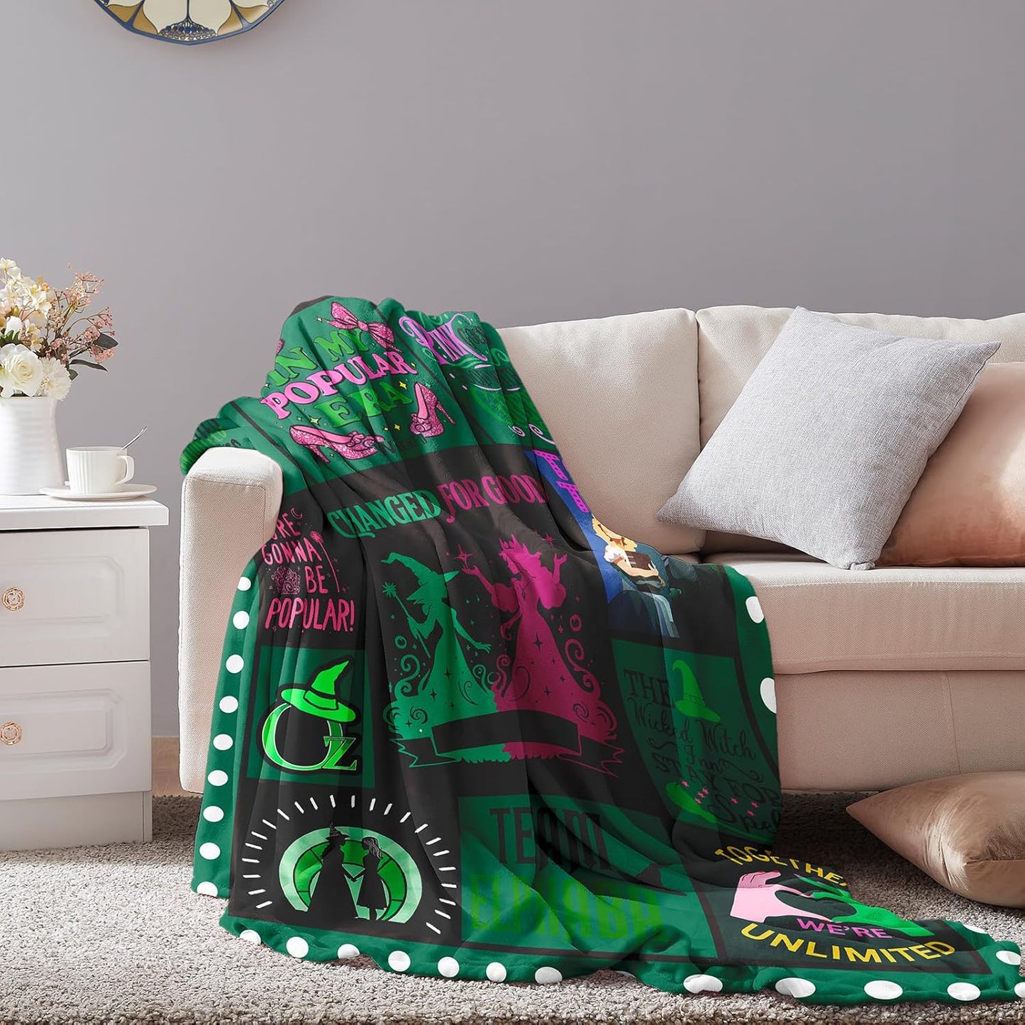 50'' x 40'' Witch Green Vintage Flannel Blanket, Evil Gift Queen Throw Broom, Elphaba Hat Glinda Magic Movie Land Blanket, All Seasons Warm Cozy Soft Blanket for Sofa Bed Halloween Women Girls Fans 1