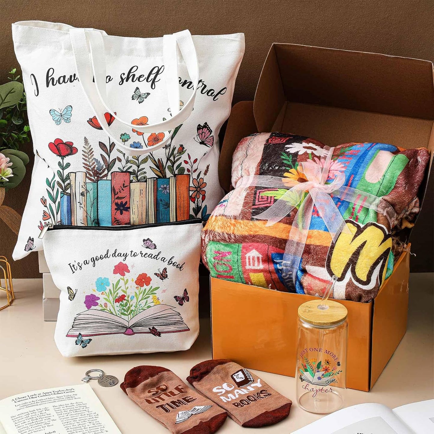 Paterr 6 Pcs Book Lover Gifts for Women, Mother's Day Book Club Gifts for Bookish, Canvas Tote Bag Makeup Bag Print Blanket Socks 16oz Glass Coffee Cup with Straw Cute Keychain for Librarian Birthday