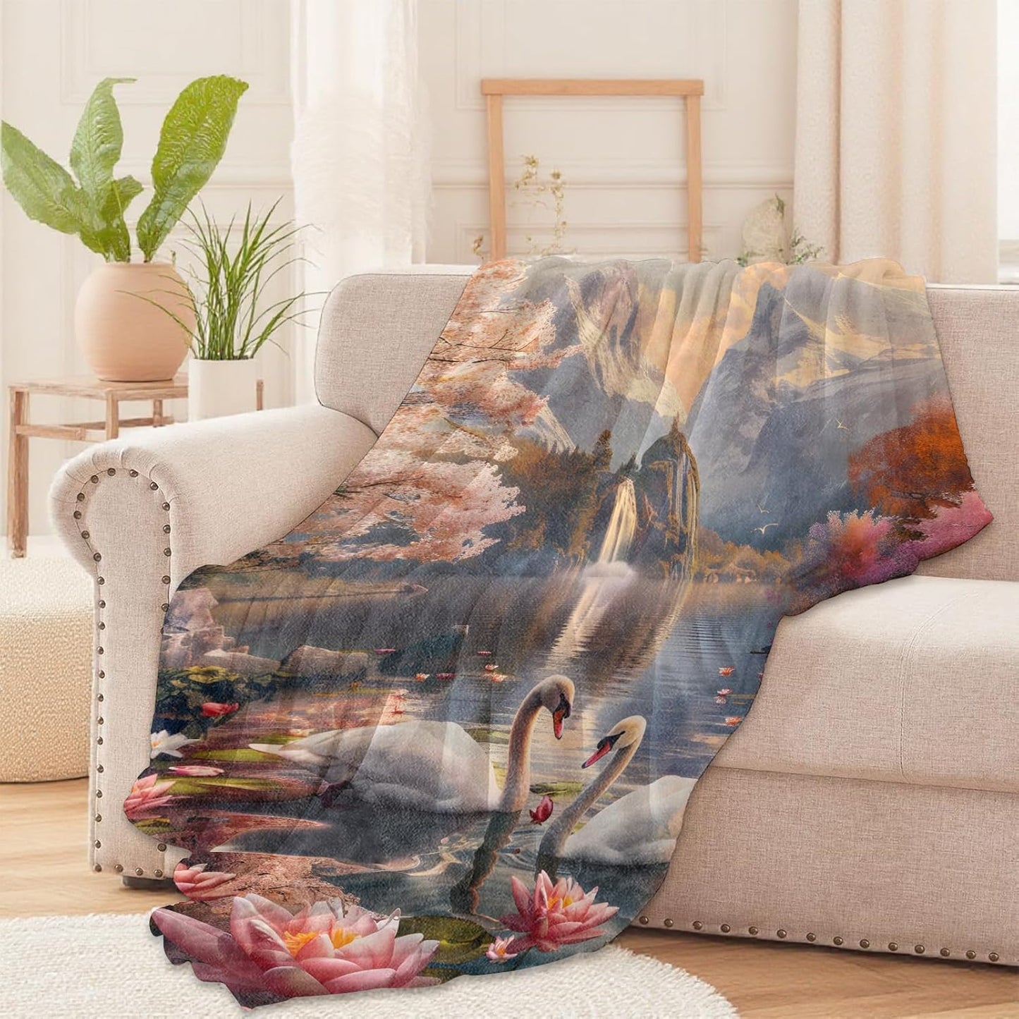 Romantic Swan Lake Throw Blanket – Mountain and Floral Scenery, Cozy Warm Flannel Blankets, All Season Use, Girls Women Gifts, 50x60in, Sofa Office Dorm Travel RV Farmhouse Decoration