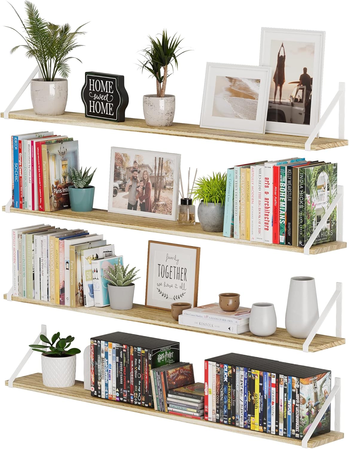 Wallniture Bora Long Floating Shelves, 48" x 6" Wall Mounted Bookshelf for Living Room, Bathroom, Kitchen, and Bedroom, Rustic Wall Shelves, Set of 4, Burnt