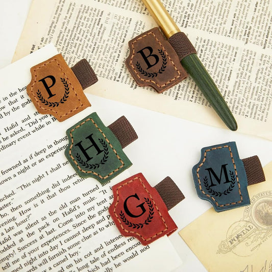 Custom Bookmark with Pen Holder Personalized Magnetic Leather Bookmarks with Initial Magnetic Leather Pen Holder Bookmark for Reading Women and Men Gifts for Booklovers (Red, A)