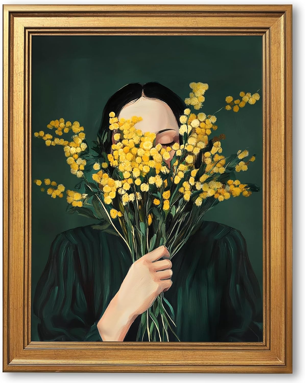 Large Framed Woman Portrait Canvas Wall Art Vintage Dark Moody Goldenrod Floral Feminist Painting Poster Victoria Female Yellow Flower Nature Emerald Green Artwok Prints Home Decor 24x36inch