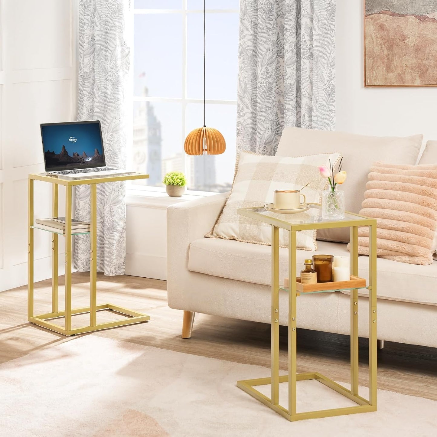 HOOBRO C Shaped End Table, Small Side Table for Couch, Gold Sofa Table with Tempered Glass, Coffee Table, Slide Under Couch, for Living Room, Bedside, Bathroom, Gold GD08SF01