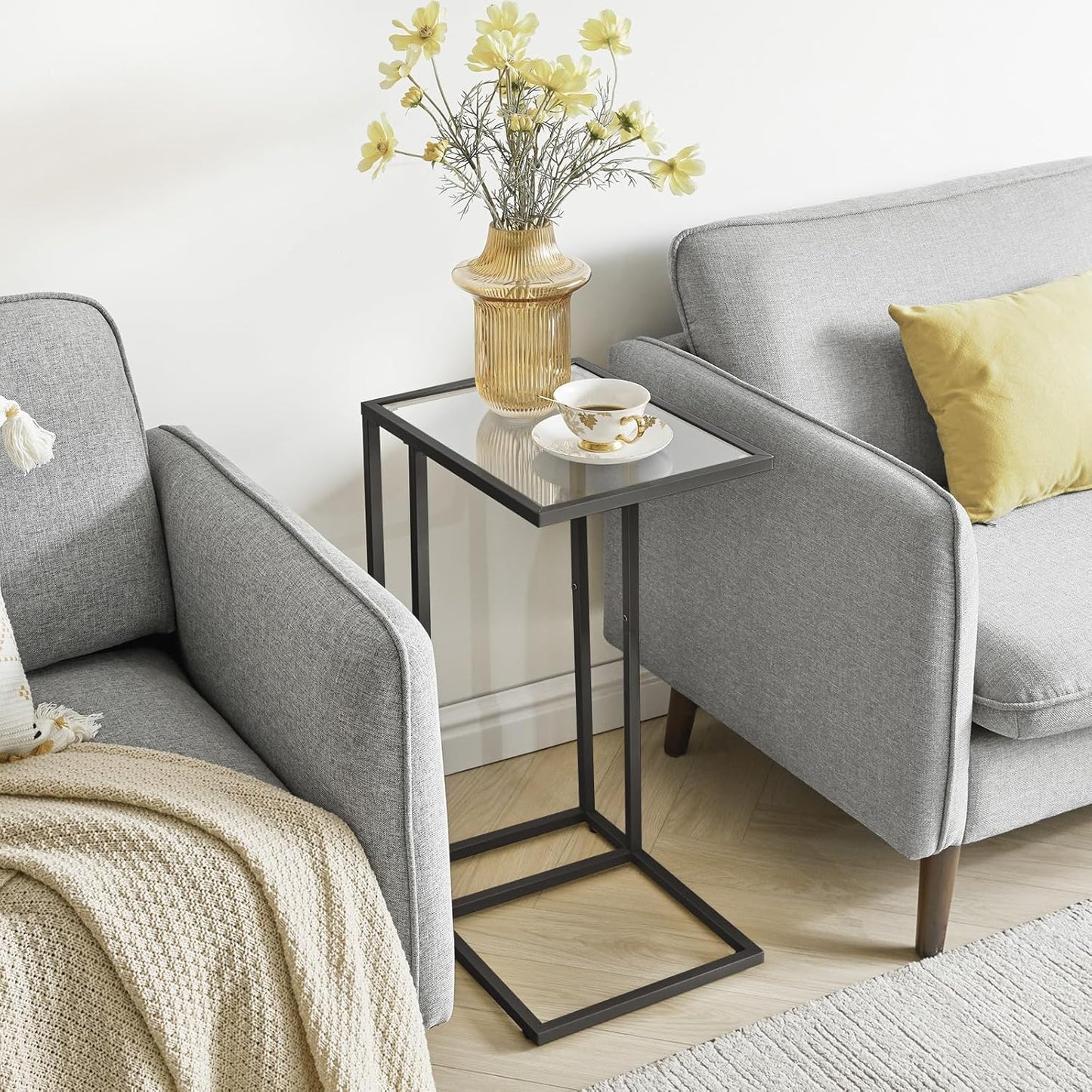 YMYNY C-Shaped End Table, Tempered Glass Sofa Side Table, TV Tray CouchTable That Slide Under for Small Space, Coffee Table for Hallway Office Bedroom Living Room, Metal Frame, Black, UHGD001B