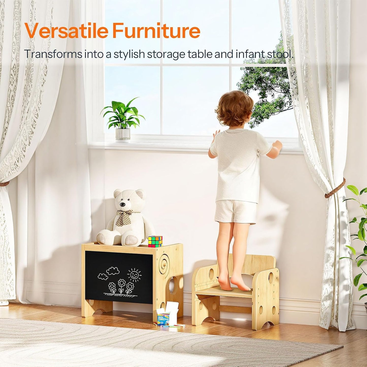HOOBRO Kids Table and Chair Set, Bamboo Toddler Table and Chair Set with Chalkboard, 3 in 1 Kids Table and 1 Chair for Ages 1-3, 3-Height Adjustable Chair, for Reading Eating Playing Natural YB20KT01