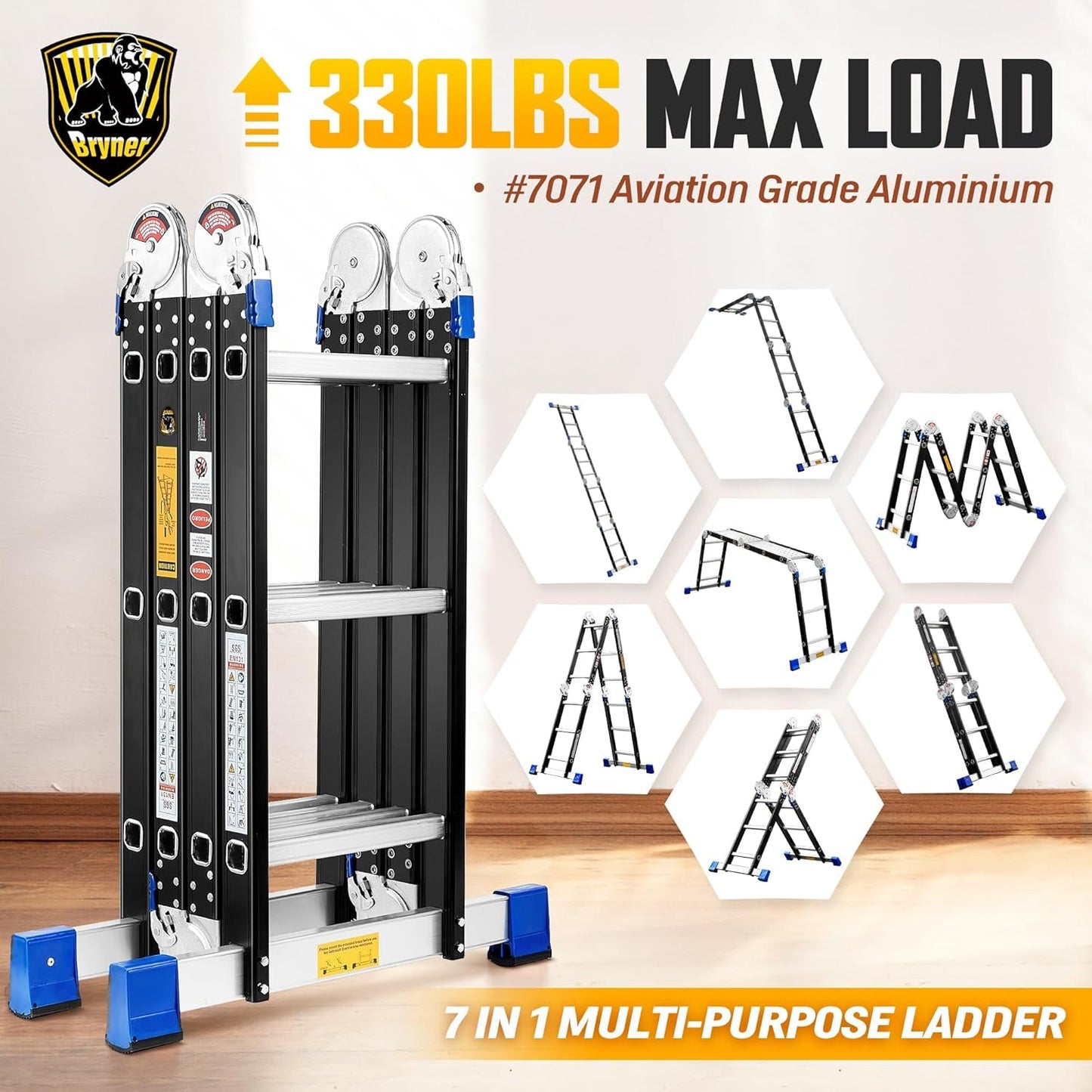 Step Ladder, Bryner 12Ft Multi-Purpose Aluminium Folding Extension Ladders, 7 in 1 Folding Adjustable Telescoping Step Ladder 330lbs