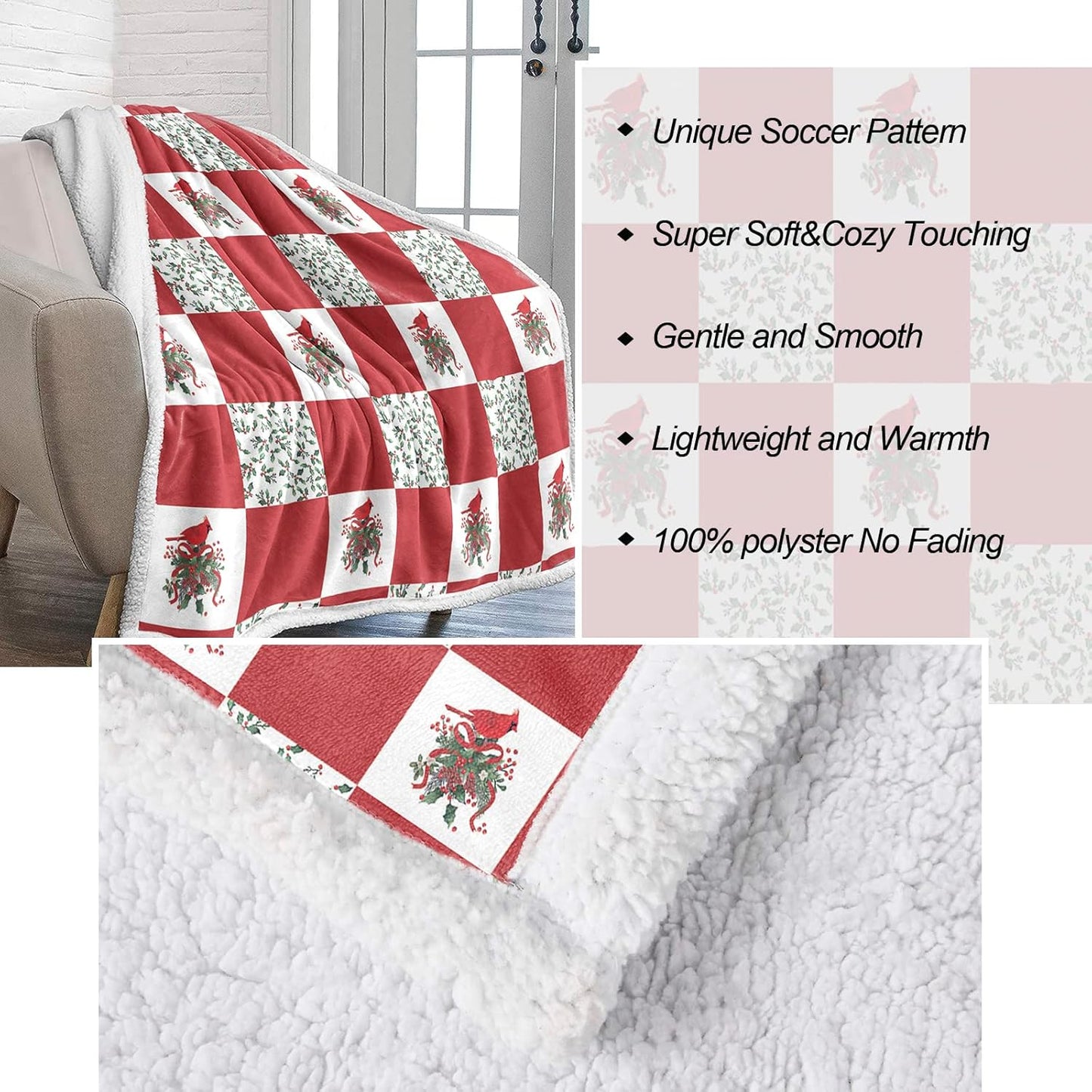Sherpa Fleece Blanket Throw, Cardinals Birds Stitching Plaid Fuzzy, Soft Lightweight Breathable Bed Sofa TV Couch Blanket, Christmas Home Decor, 50'x60'
