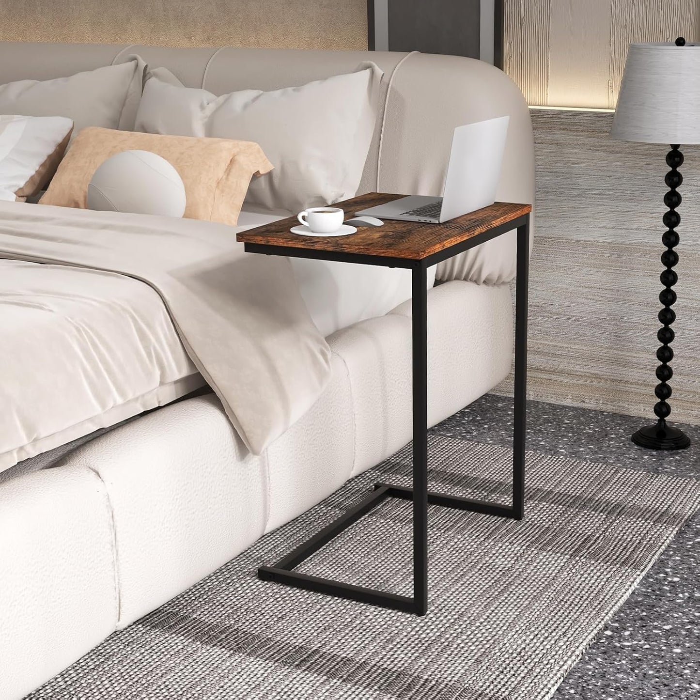 GOFLAME C Shaped End Table, Small Snack Side Table for Sofa, Couch, Bed, Laptop Table, TV Trays with Metal Frame for Living Room, Bedroom, Small Space, Rustic Brown