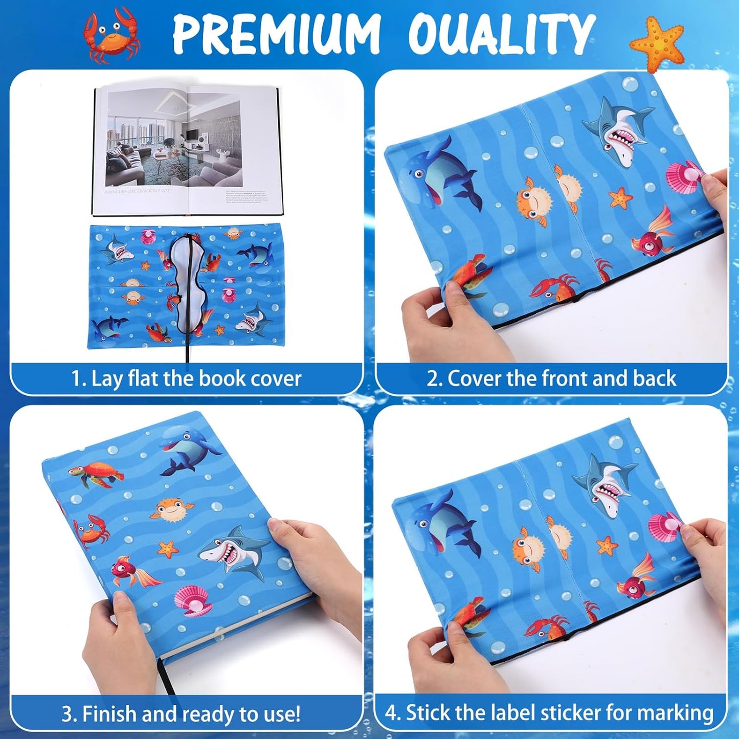 6 Pack Jumbo Stretchable Book Covers, Colorful Covers for Textbook Protection and Care, Washable Reusable Protective for Paperbacks Hardcover Books(Ocean,Blue,9-11inch)
