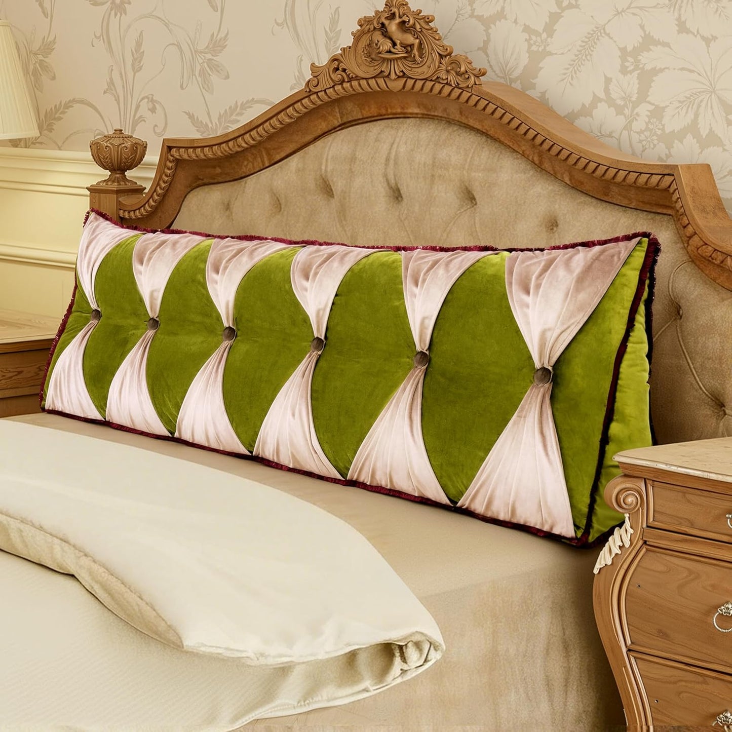 Triangle Reading Pillow Wedge Headboard Pillow Backrest Back Support for Queen Size Sitting Up in Bed Padded Headboard Wall Cushion Velvet Cover Green with Pink