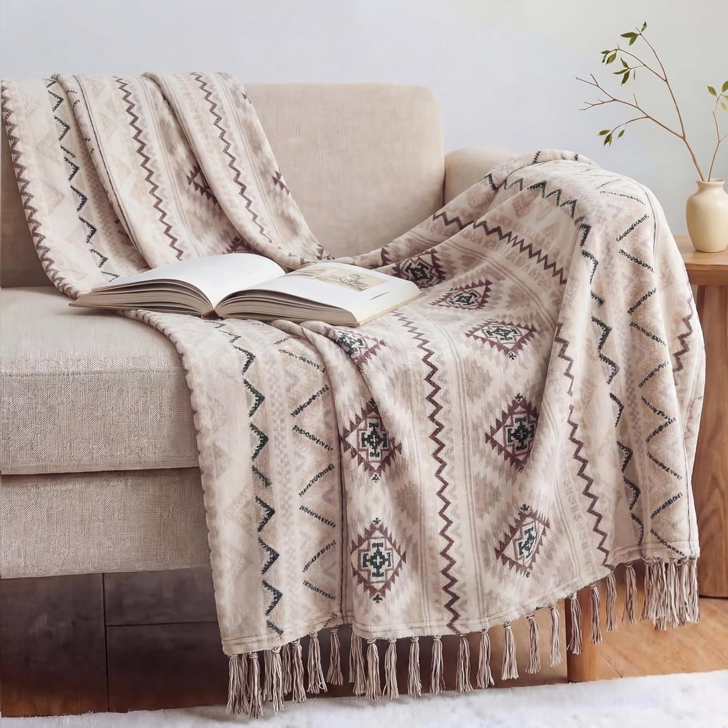 CASAAGUSTO Boho Throw Blanket - Beige and Gray Decorative Blankets with Tassel, Printed Flannel Bohemian Blanket for Chair, Bed, Sofa, Couch(50 * 60, Beige and Gray)
