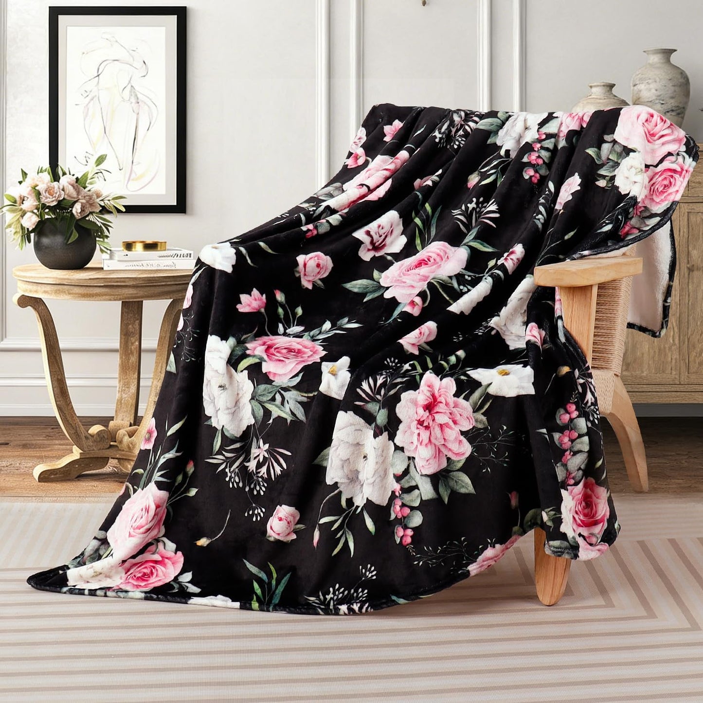 Floral Throw Blanket Botanical Flower Blanket Ultra Soft Flannel Fleece Throw Blankets Lightweight Cozy Fluffy Plush Blankets for Bed Couch Sofa 50"X60"
