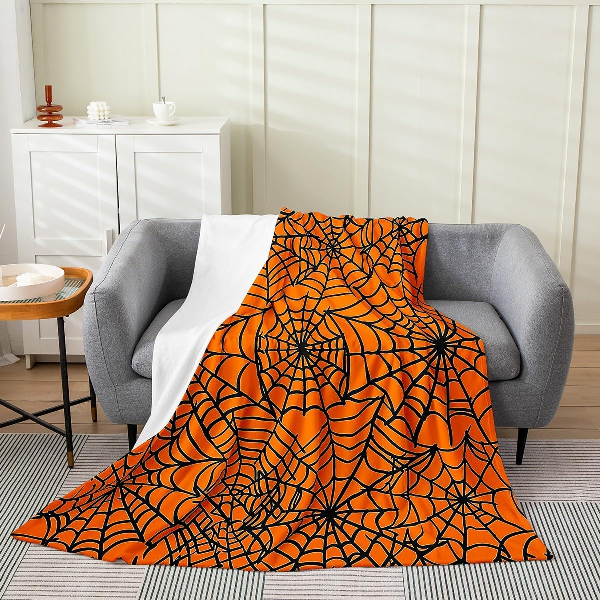 Feelyou Halloween Spider Web Fuzzy Blanket Orange Black Flannel Fleece Throw Blanket Happy Halloween Plush Blanket Gothic Black Warm Cozy Bedding Twin 60"x80"