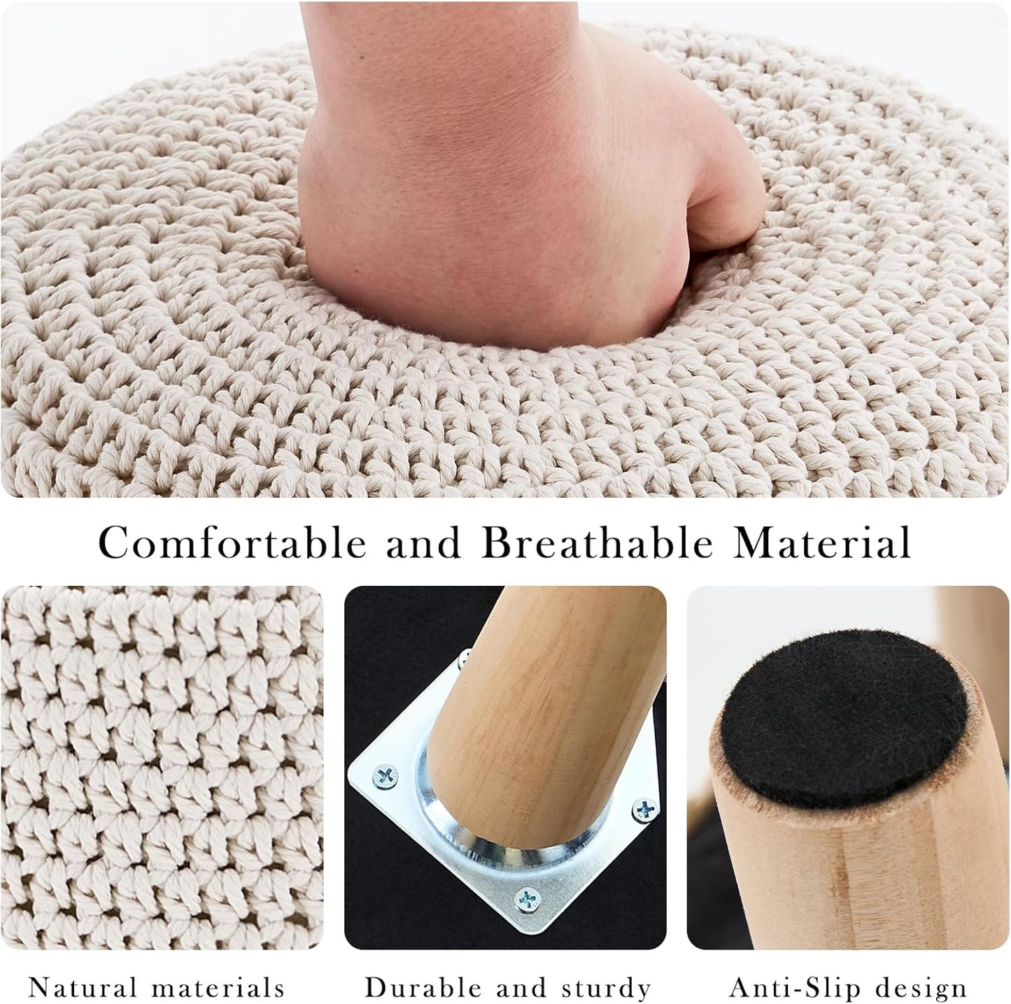 Boho Ottoman Foot Stool Cotton Knitted Round Pouf Ottoman Foot Rest Stool with Non-Skid Wooden Legs Step Stool Padded Seat for Living Room White