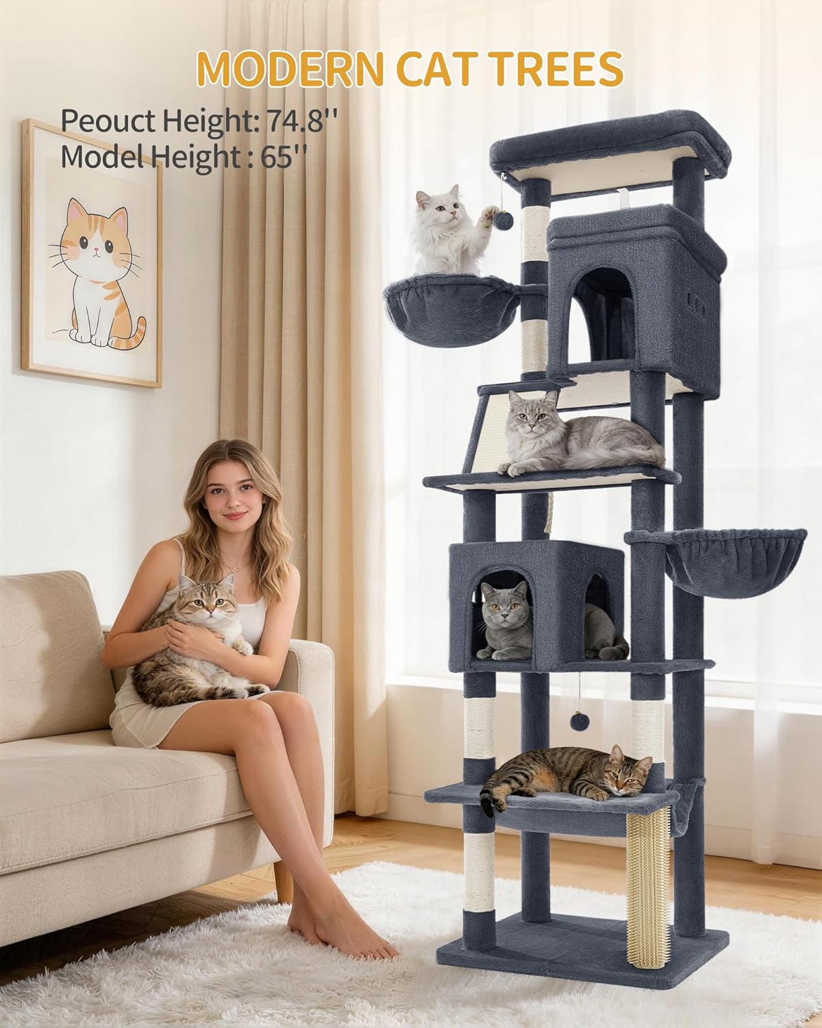 Large Sturdy Cat Tree Tower, 75 Inch Tall Pet Condo for 7 Large Cats, Cat Tree Indoor Climbing Activity Tower, 2 Large Platform/2 Cave/2 Hanging Basket/5 Scratching Post, Dark Grey MS19018SG