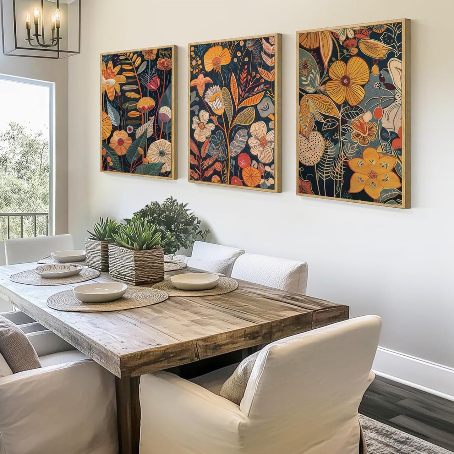 TBKHUDBI Framed Burnt Orange Floral Canvas Wall Art,Mid Century Modern Wall Decor,Boho Terracotta Flower Picture Prints Poster Painting Artwork Set Of 3 For Living Room Bedroom Office 16"x24"