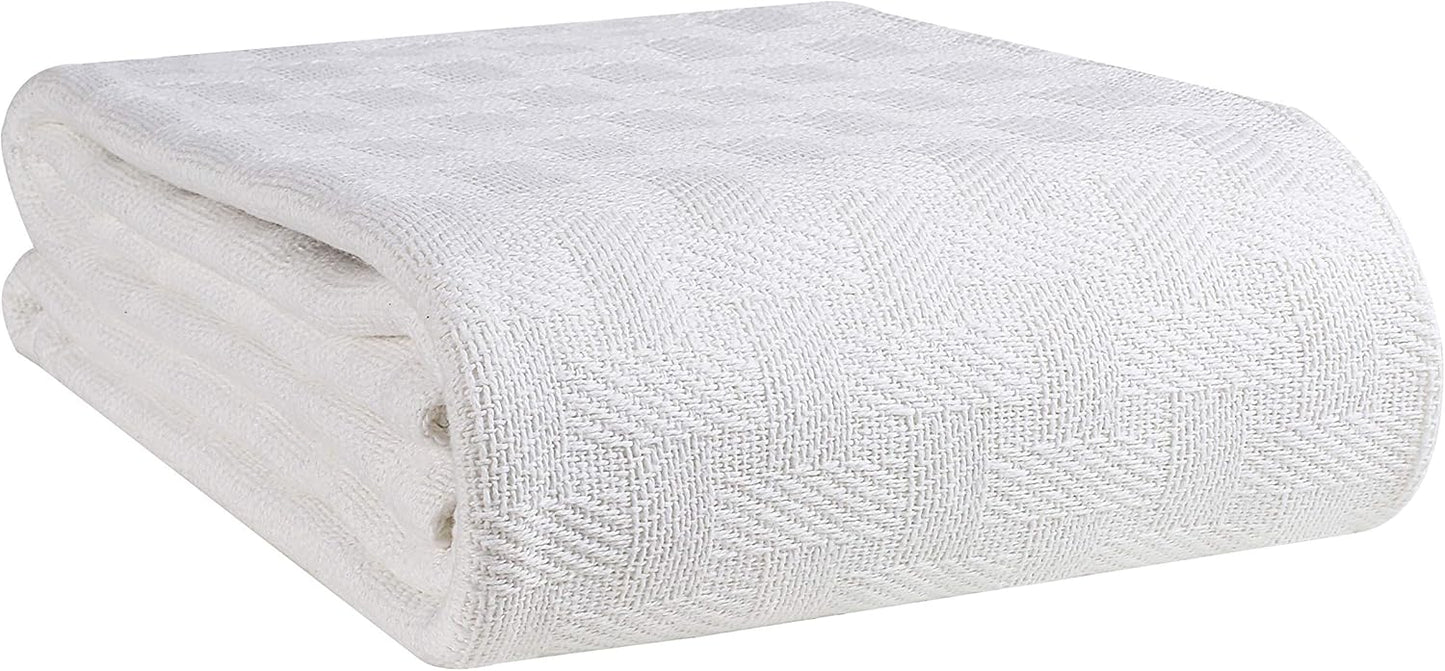GLAMBURG 100% Cotton Breathable Bed Blanket, Cotton Thermal Blankets King Size - Perfect for Layering Any Bed for All Season - White