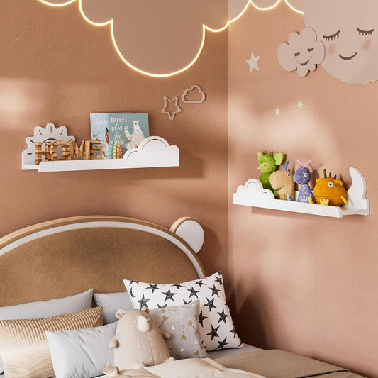 Cute Wall Shelves for Room Decor 2 Pack, White Sun&Moon Bookshelf 16’’L U-Shaped Floating Shelf Wall Mounted, Cute Decorative Cloud Shelves for Books,Plants,Figure, Storage Shelves for Living Room