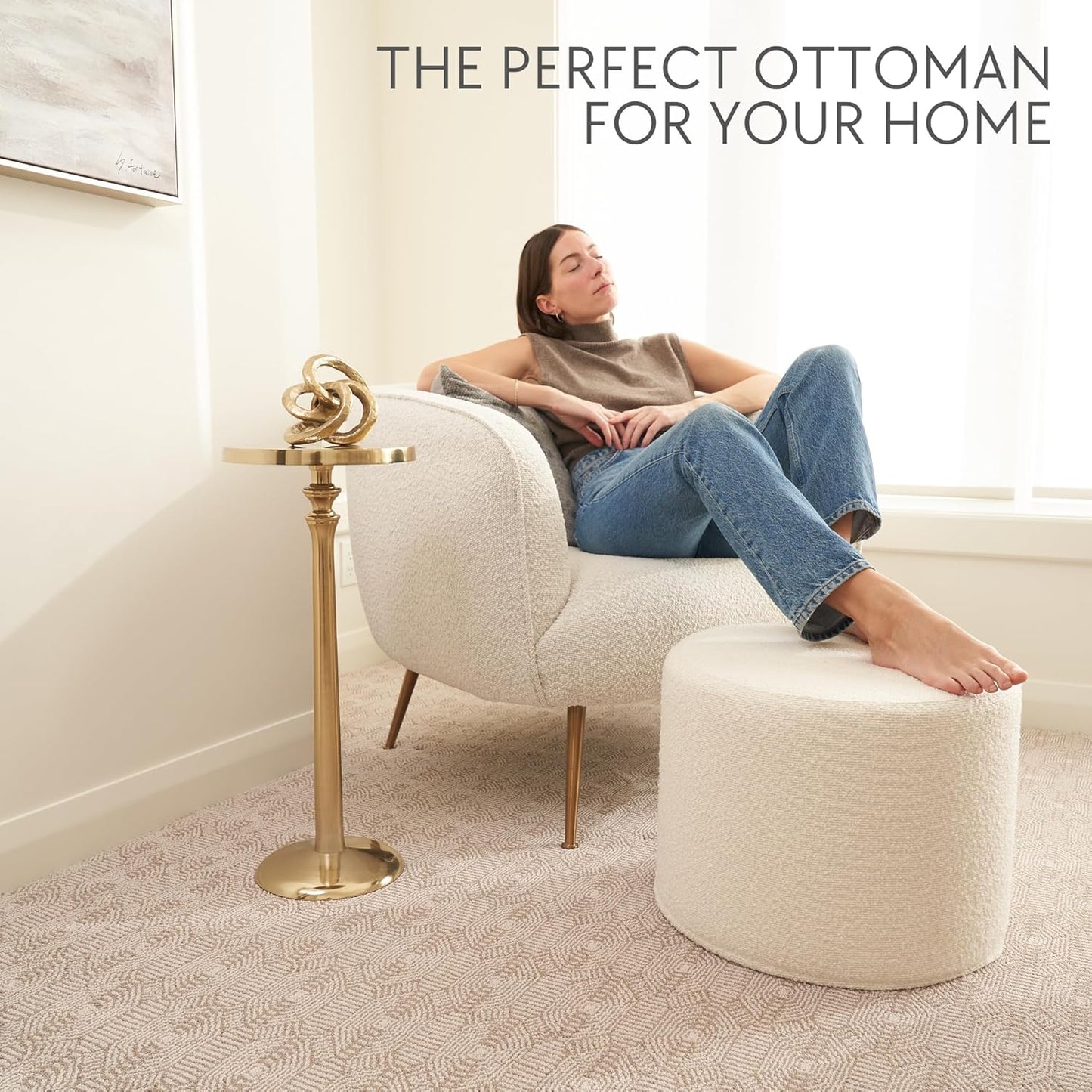 ZICOTO Beautiful Boucle Pouf Ottoman and Foot Rest - Elevate Your Living Room Decor with Lightweight Comfort and Charm - A Round Modern Foam Filled Foot Stool Perfect to Rest Your Feet